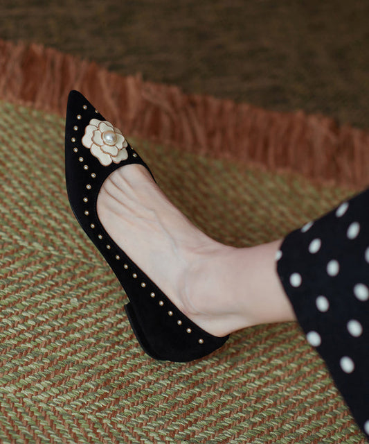 French Suede Nail Bead Splicing Flat Shoes Pointed Toe