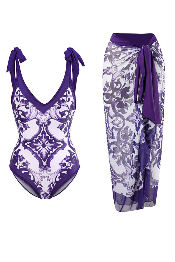 Full of Sunshine Printed Shoulder Tie One-piece Swimsuit With Midi Cover-up Skirt