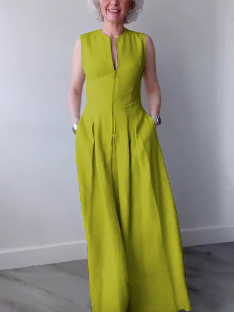 A-line Loose Pleated Pockets Split-joint Zipper Round-neck Maxi Dresses