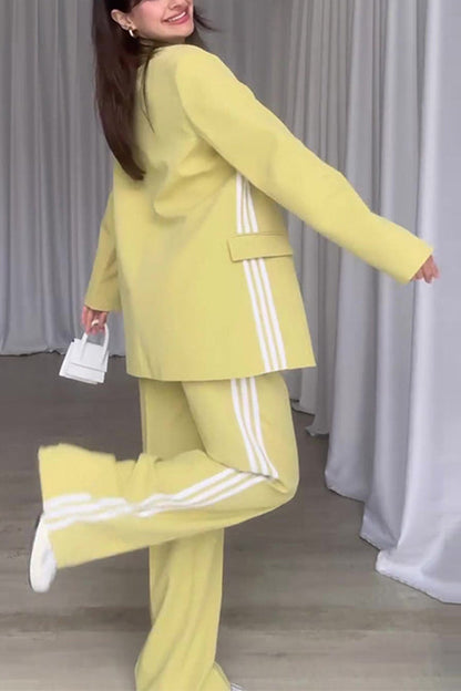 Fresh and Style Striped Trim Lapel Blazer and High Rise Pocket Loose Pants Set