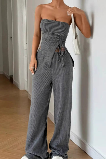 Wrap Front Split Hem Top Straight Pants Set