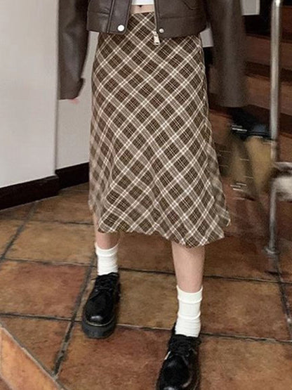 Brown Low Waist Checkered Midi Skirt