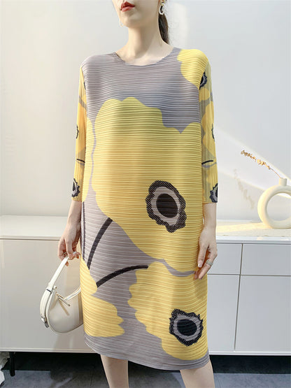 Original Three-quarter Sleeves Loose Printed Contrast Color Pleated Round-neck Midi Dresses
