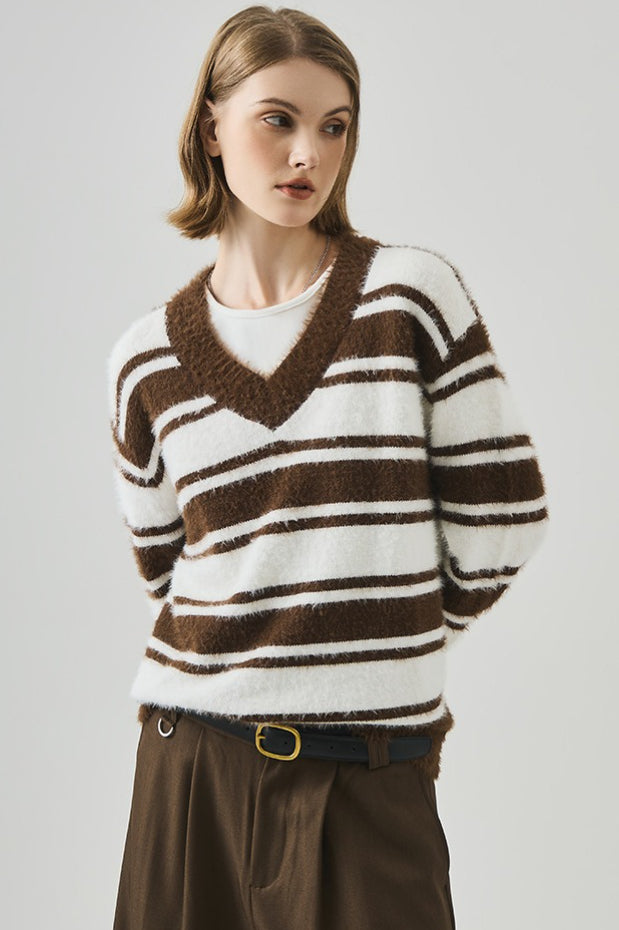 Oversized Striped V-neck Sweater