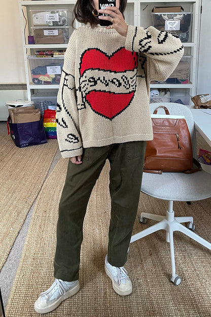 Love Is a Gift Creative Love Pattern Knit Loose Pullover Sweater