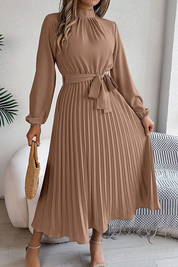 Stand-collar Long-sleeve Waisted Tie-up Pleated Midi Dress