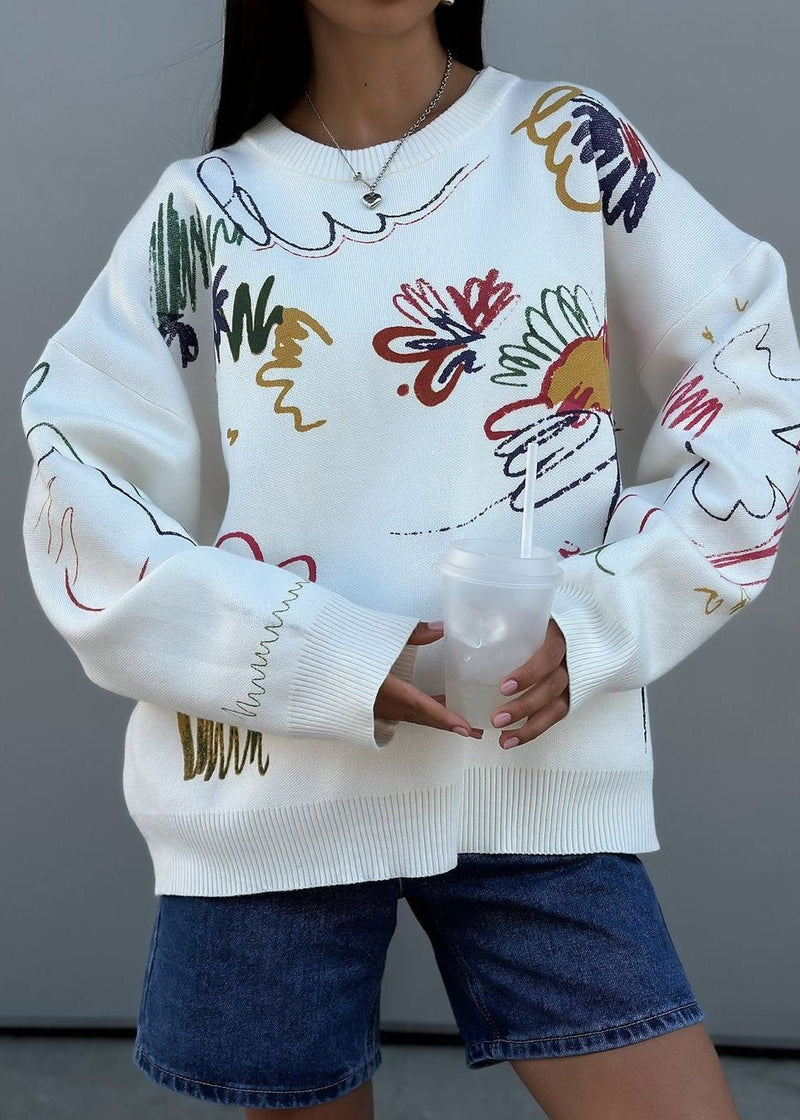 Colorful Abstract Print Crew Neck Oversized Sweater