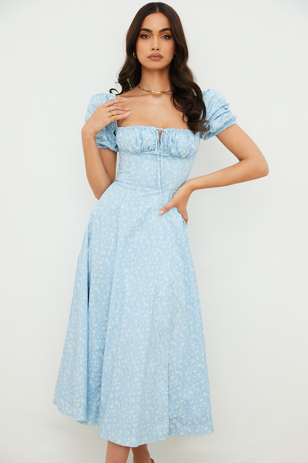 Blue Ivory Puff Sleeve Midi Dress