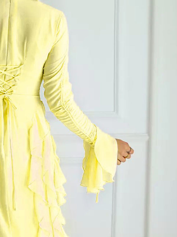 Long Sleeves Loose Falbala Color Round-neck Maxi Dresses