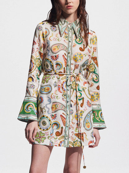 Exquisite and Fashionable Printed Trumpet Sleeve Mini Dress