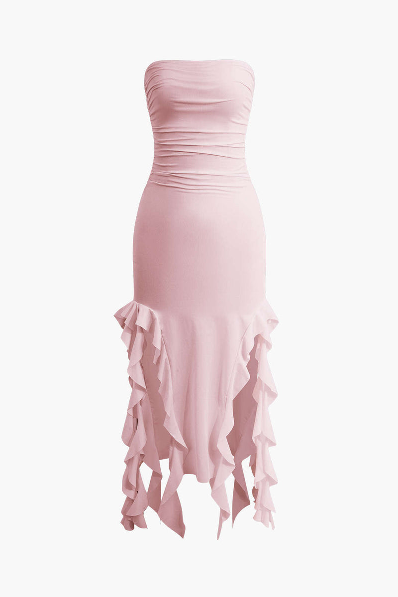 Color French Ruffle Hem Ruched Tube Maxi Dress