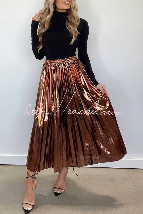 Yuletide Glow Metallic Fabric Pleated Elastic Waist Midi Skirt
