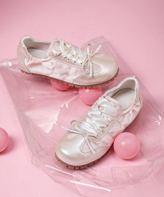 Bow Splicing Cross Strap Flat Shoes Pink Faux Leather