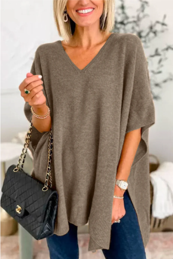 V Neck Loose Fit Poncho Sweater