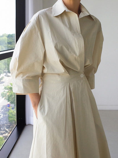 Long Sleeves Loose Pleated Color Split-joint Tied Waist Lapel Midi Dresses Shirt Dress