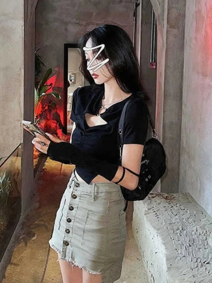 High Street Short Sleeve T-shirt Harajuku Summer Hollow Out Slim Design Ins Korean Style Above Navel Cropped Top All-match