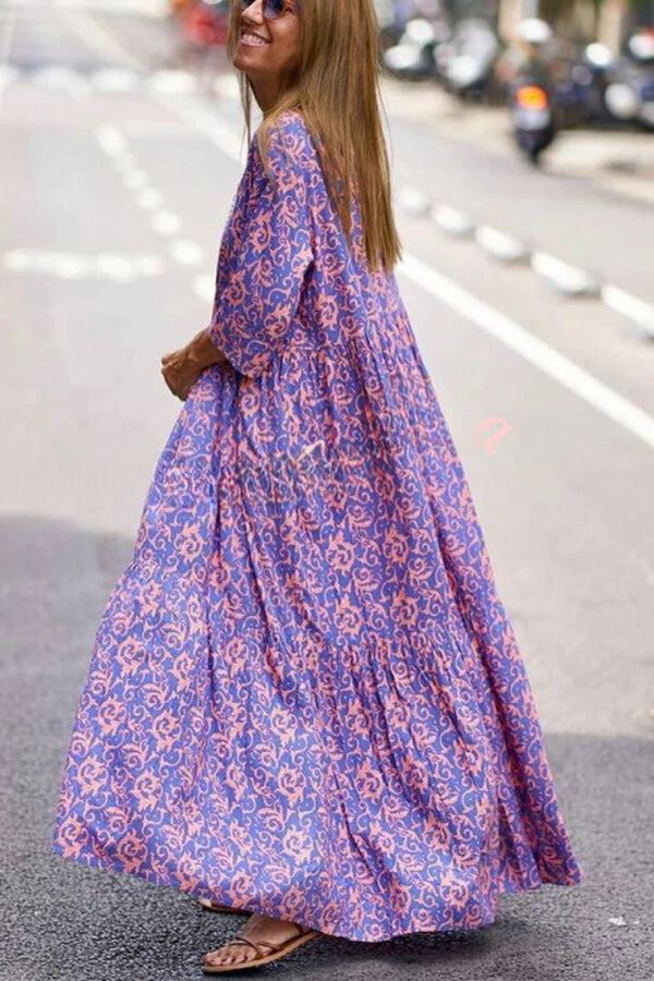 Pattern Printed Half Sleeve Loose Swing Maxi Dresse