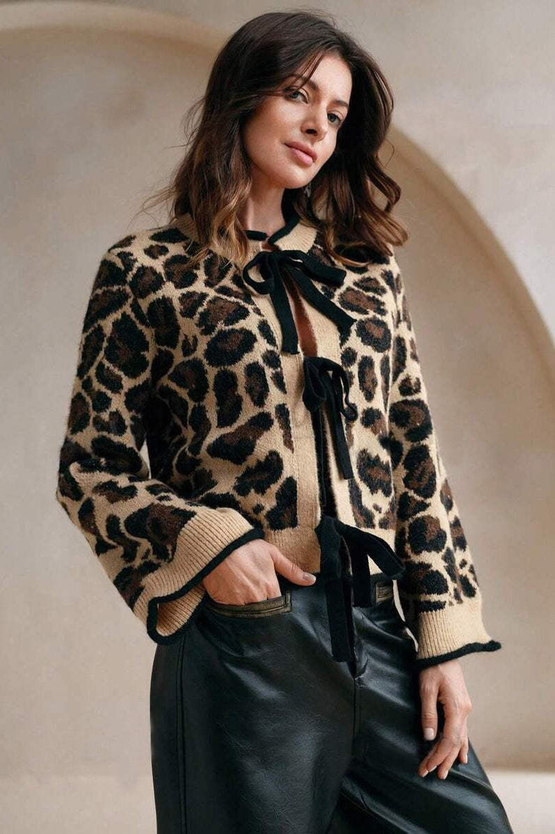 Leopard Print Loose Fit Tie-front Knit Sweater