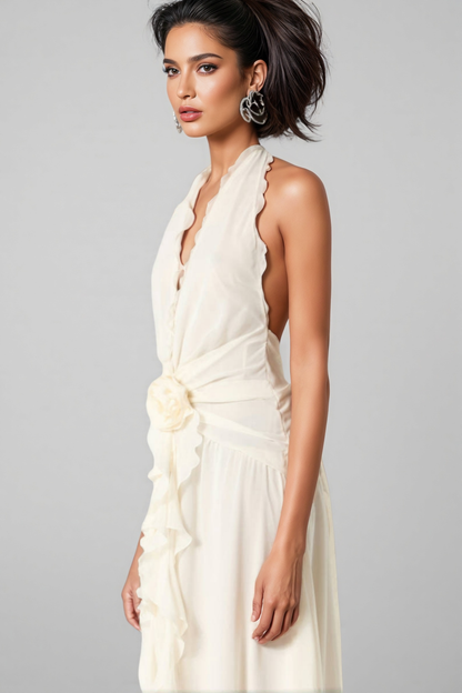 Varyf White 3d Flower Ruffled Maxi Dress