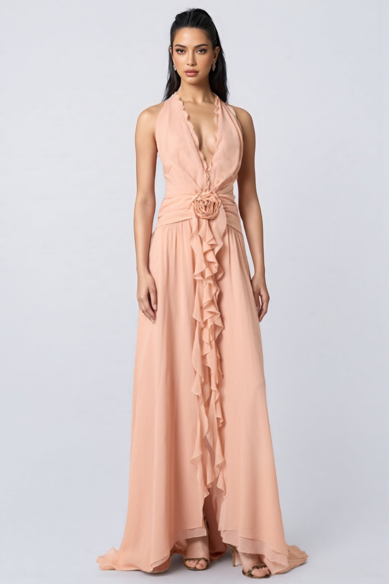 Wylon Pink 3d Flower Ruffled Maxi Dress