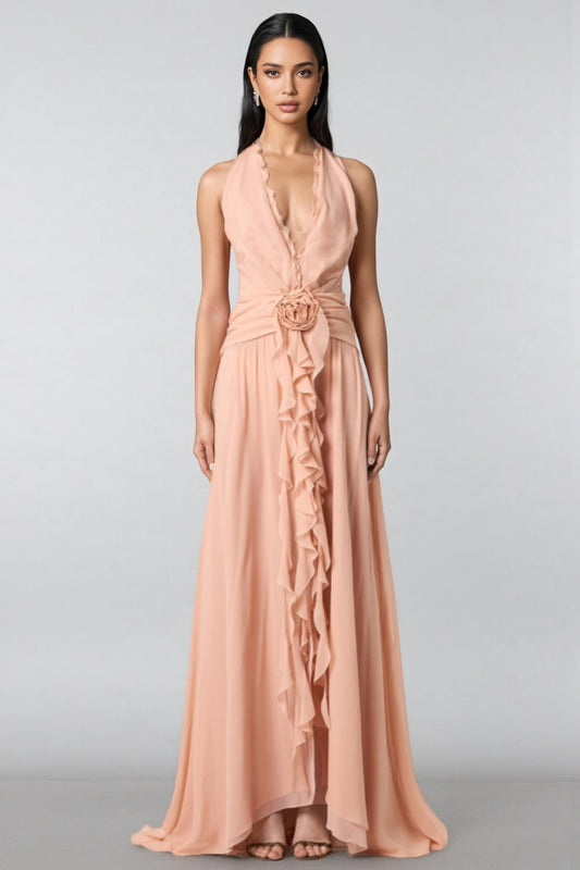 Wylon Pink 3d Flower Ruffled Maxi Dress
