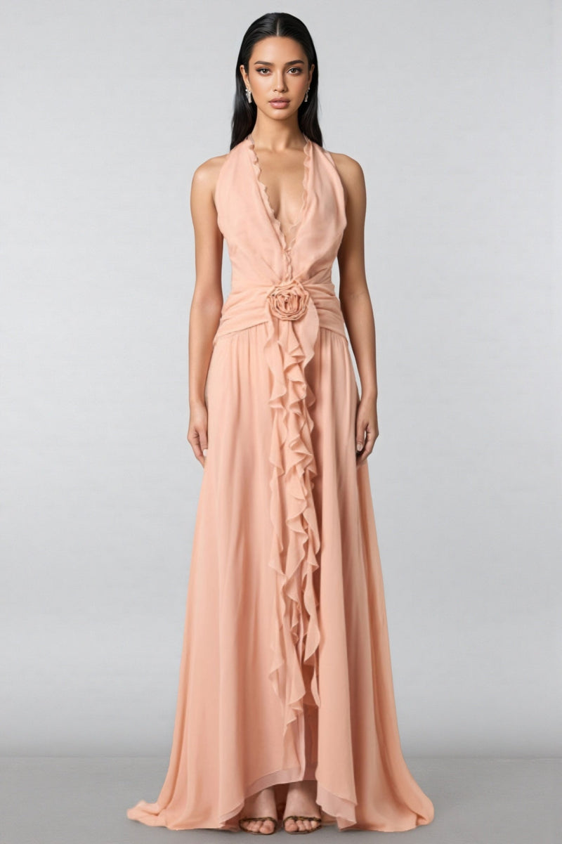 Wylon Pink 3d Flower Ruffled Maxi Dress
