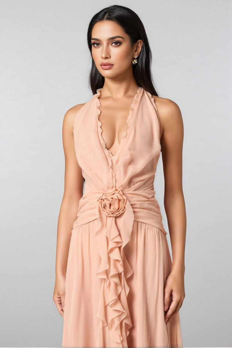 Wylon Pink 3d Flower Ruffled Maxi Dress