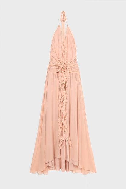 Wylon Pink 3d Flower Ruffled Maxi Dress