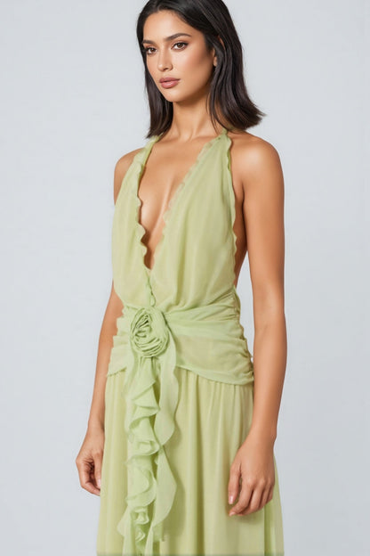 Xavif Green 3d Flower Ruffled Maxi Dress