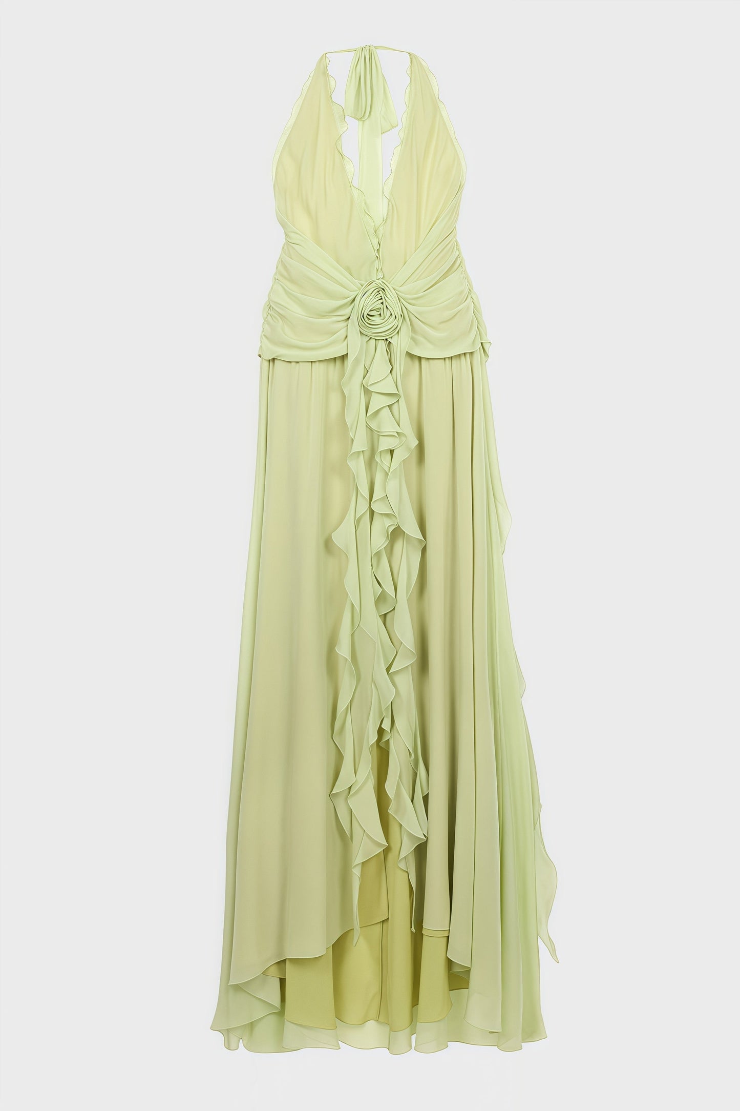 Xavif Green 3d Flower Ruffled Maxi Dress