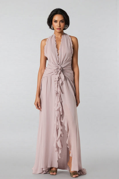 Yulia Purple 3d Flower Ruffled Maxi Dress