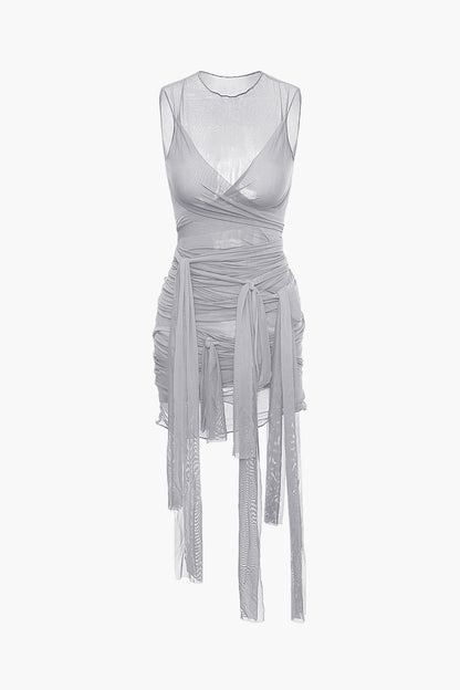 Color Sheer Mesh Wrap Tie Ribbon Mini Dress
