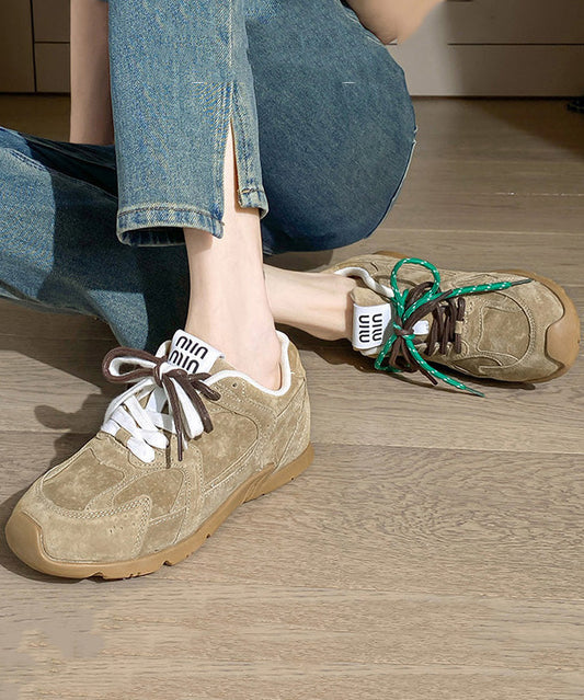 Khaki Lace Up Splicing Platform Sport Flat Shoes for