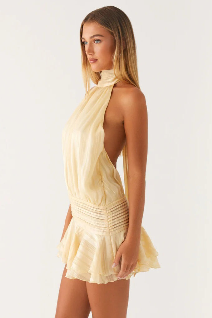 Halter Satin Jacquard Stripe Mini Dress