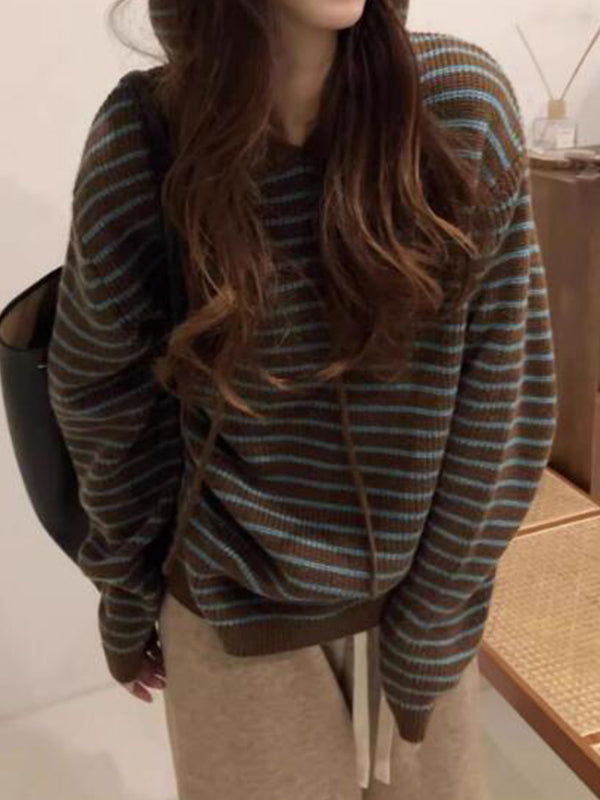 Coffee Color Hooded Stripe Lace Up Sweater