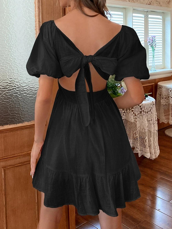 High Waisted Loose Backless Bowknot Elasticity Pleated Color Split-joint Square-neck Mini Dresses