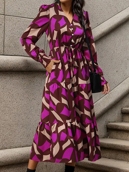 A-line Long Sleeves Buttoned Elasticity Pleated Printed Split-joint Tied Waist V-neck Midi Dresses