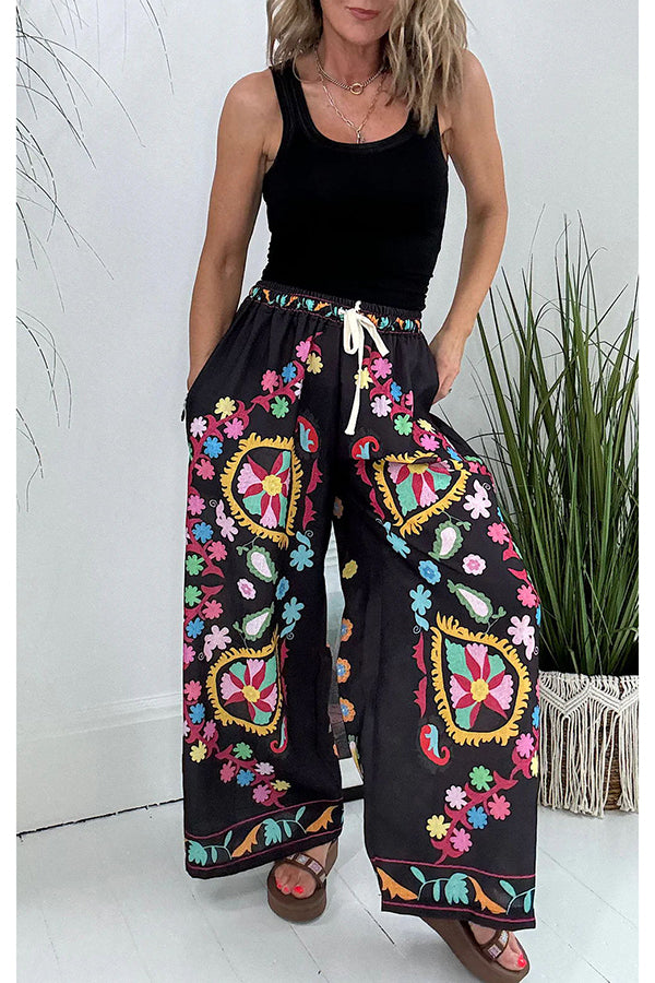 Hippie Style Unique Denim Print Elastic Waist Pocketed Wide Leg Pants