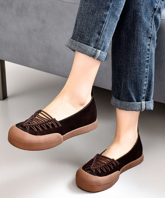 Coffee Cross Strap Splicing Platform Flat Cowhide Leather Feet Shoes
