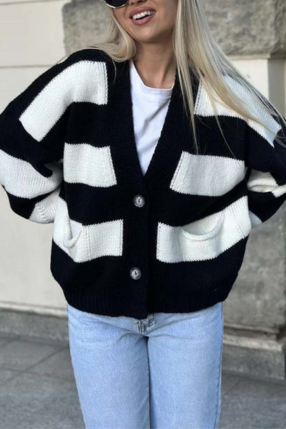 V-neck Long-sleeved Striped Pocket Knitted Cardigan