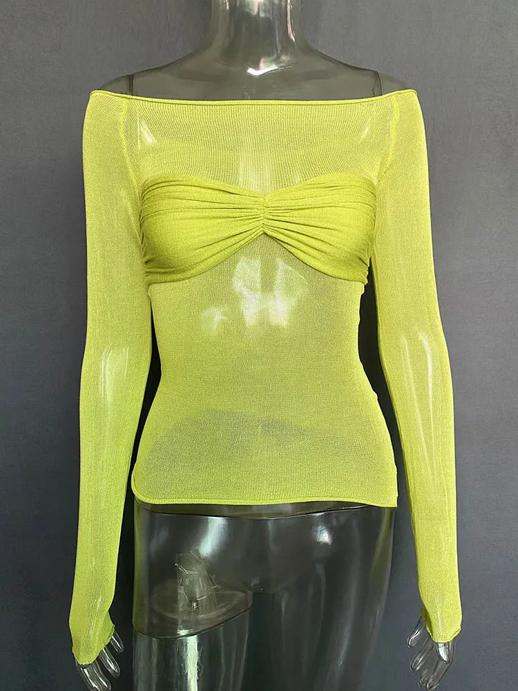 Long Sleeve Shoulder Gauze T-shirts Slim Versatile T-shirt Spring Female Off Shouler Tops