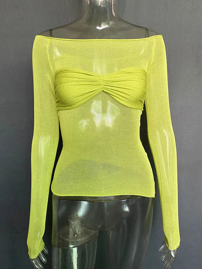 Long Sleeve Shoulder Gauze T-shirts Slim Versatile T-shirt Spring Female Off Shouler Tops