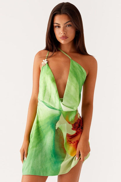 Printed Cowl Neck One Shoulder Mini Dress