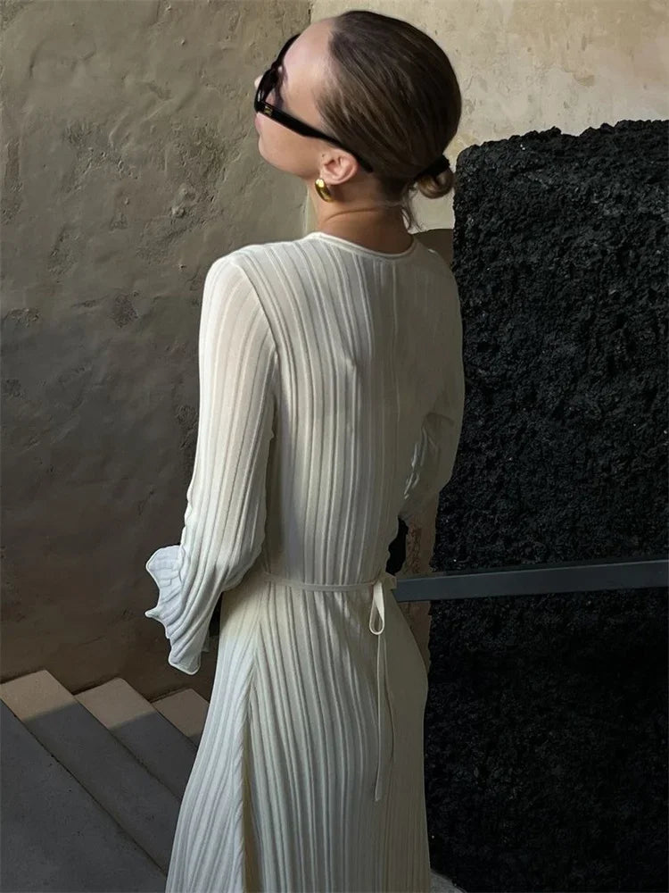 Knitwear Loose Maxi Dress Lace-up High Waist Ribbed Long Sleeve Party Dress Female Knit Bandage Long Dress