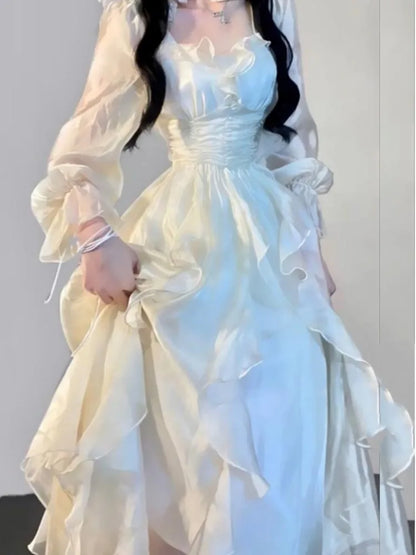 Ruffles Fairy Dresses Korean Slim Wasit a Line Midi Dress Spring Summer Princess Party Vestidos