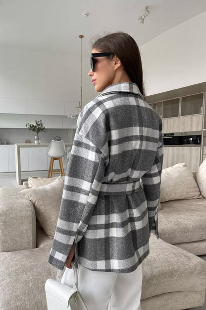 Woolen Plaid Belted Thick Coat