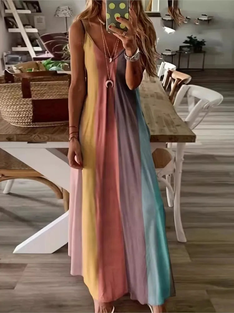 Color Gradient Print Spaghetti Strap Dresses Summer V-neck Beach Vacation Style Long Dress Female A-line Vestidos