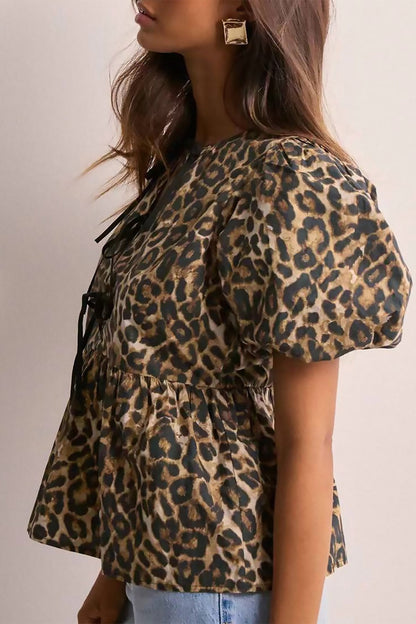 Leopard Print Cinched Lantern-sleeve Slim Blouse