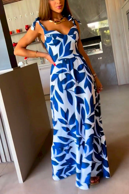 High Waisted Strappy Print Halter Panel Maxi Dress