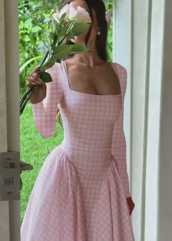 Pink Gingham Long Sleeve Midi Dress – Square Neck Fit and Flare
